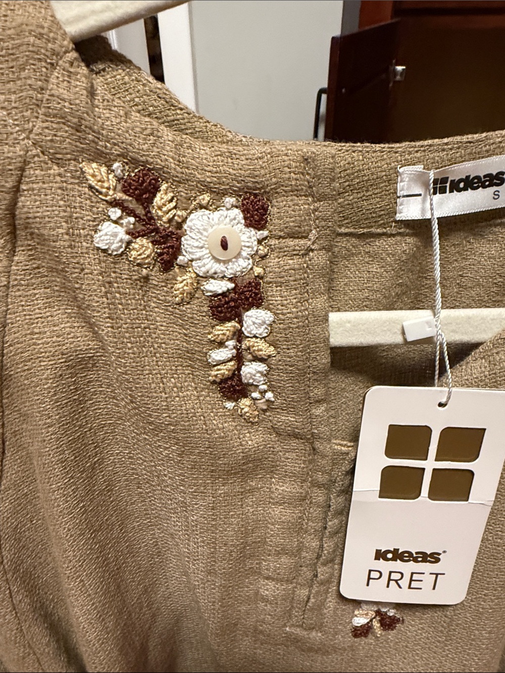 NWT ~ ideas Pret ~Linen Boho Embroidered Relaxed Top Dolman Jute Sleeve - Picture 3 of 8